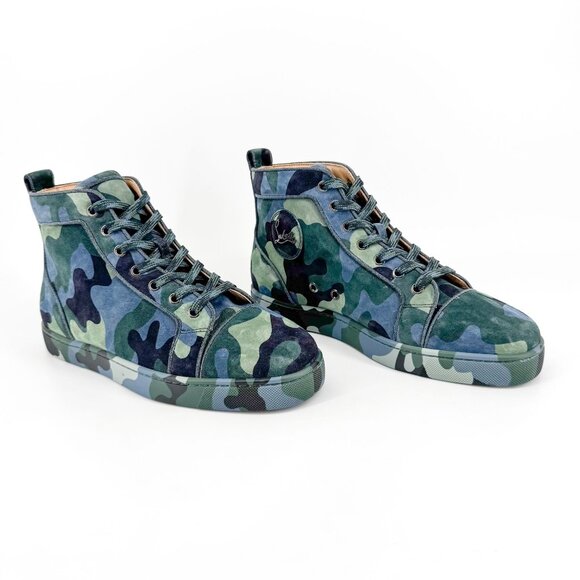 Christian Louboutin Louis Orlato Camo Sneakers Size 40 US 10 High Top Blue Green - Picture 1 of 15